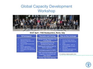 Global Capacity Development
Workshop
70 Participants
 Representatives from
Ministries of Agriculture and
Environment,
 FAO and UNDP Country focal
points,
 Partner organizations –
Oxfam, NAP Global Network
 Lead experts of the agriculture
sectors
Thematics and Training Peer-to-Peer Exchange
 Country Poster Session –
Overview of key issues for
NAPs
 Buddy system – peer-to
peer-exchange on select
thematics
 Sharing of work plans and
milestones for 2016
Climate Change Adaptation and
Food Security
Mainstreaming CCA into
development planning
Building and evidence base for
CCA in agriculture
Leveraging support for NAPs
NAP Technical Guidelines and
integration of ag sectors and
other sectors
Country Team Work planning
05-07 April – FAO Headquarters, Rome, Italy
All workshop material posted online:
www.fao.org/in-action/naps/news/events/global-capacity-development-wo
 