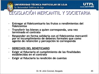 Entregar al fideicomisario los frutos o rendimientos del fideicomiso Transferir los bienes a quien corresponda, una vez terminado el contrato Responder en forma solidaria con el fideicomiso mercantil por el incumplimiento de deberes formales que como agente de retención y percepción le corresponda DERECHOS DEL BENEFICIARIO Exigir al fiduciario el cumplimiento de las finalidades establecidas en el contrato Exigir al fiduciario la rendición de cuentas LEGISLACIÓN MERCANTIL Y SOCIETARIA Dr. M. Jirón Coronel, Abogado 