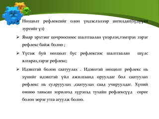  Нөхцөлт рефлексийг олон үндэслэлээр ангилдаг(бүдүүвч
зургийг үз)
 Ямар эрхтэнг цочроосноос шалтгаалан үнэрлэх,тэмтрэх зэрэг
рефлекс байж болно ;
 Үүсэж буй нөхцөлт бус рефлексээс шалтгаалан шүлс
ялгарах,зэрэг рефлекс;
 Идэвхтэй болон саатуулах . Идэвхтэй нөхцөлт рефлекс нь
хүнийг идэвхтэй үйл ажилгаанд оруулдаг бол саатуулах
рефлекс нь сулрууулах ,саатуулах саад учируулдаг. Хүний
өмнөө тавьсан зорилгод хүрэхэд тухайн рефлексүүд сөрөг
болон эерэг утга агуулж болно.
 