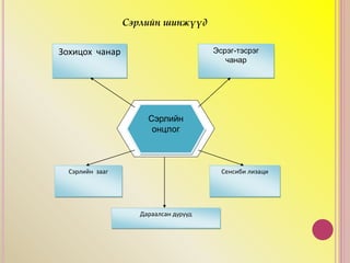 Сэрлийн шинжүүд
Зохицох чанар Эсрэг-тэсрэг
чанар
Сэрлийн
онцлог
Сэрлийн зааг Сенсиби лизаци
Дараалсан дүрүүд
 