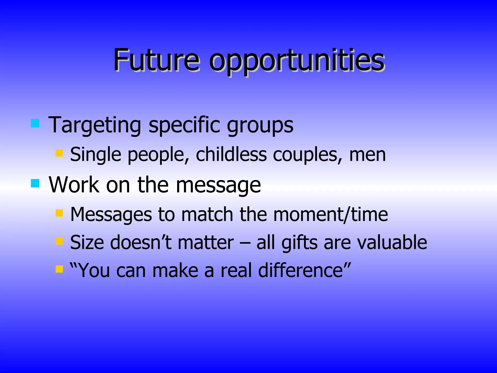 Future opportunities Targeting specific groups  Single people, childless couples, men Work on the message Messages to match the moment/time Size doesn’t matter – all gifts are valuable “ You can make a real difference” 
