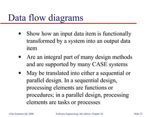 Data flow diagrams Show how an input data item is functionally  transformed by a system into an output data  item Are an integral part of many design methods  and are supported by many CASE systems May be translated into either a sequential or  parallel design. In a sequential design,  processing elements are functions or  procedures; in a parallel design, processing  elements are tasks or processes 