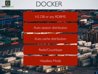DOCKER
H2 DB or any RDBMS
Auto session distribution
Auto cache distribution
Redis/Couchbase
Headless Mode
 