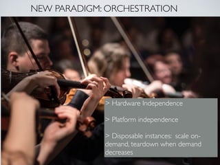 NEW PARADIGM: ORCHESTRATION
> Hardware Independence
> Platform independence
> Disposable instances: scale on-
demand, teardown when demand
decreases
 