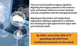 By 2024, more than 45% of IT
spending will shift from
traditional solutions to the cloud.
There are several paths to legacy migration.
Migrating from legacy systems to the cloud is a
wiser and smarter choice to run your business
and stay competitive with the changing demands.
Migrating to the cloud is not simply about
replacing or adding an application or software
but choosing the right approach that aligns with
your business needs.
 