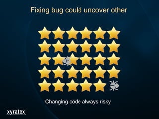 Fixing bug could uncover other
Changing code always risky
 