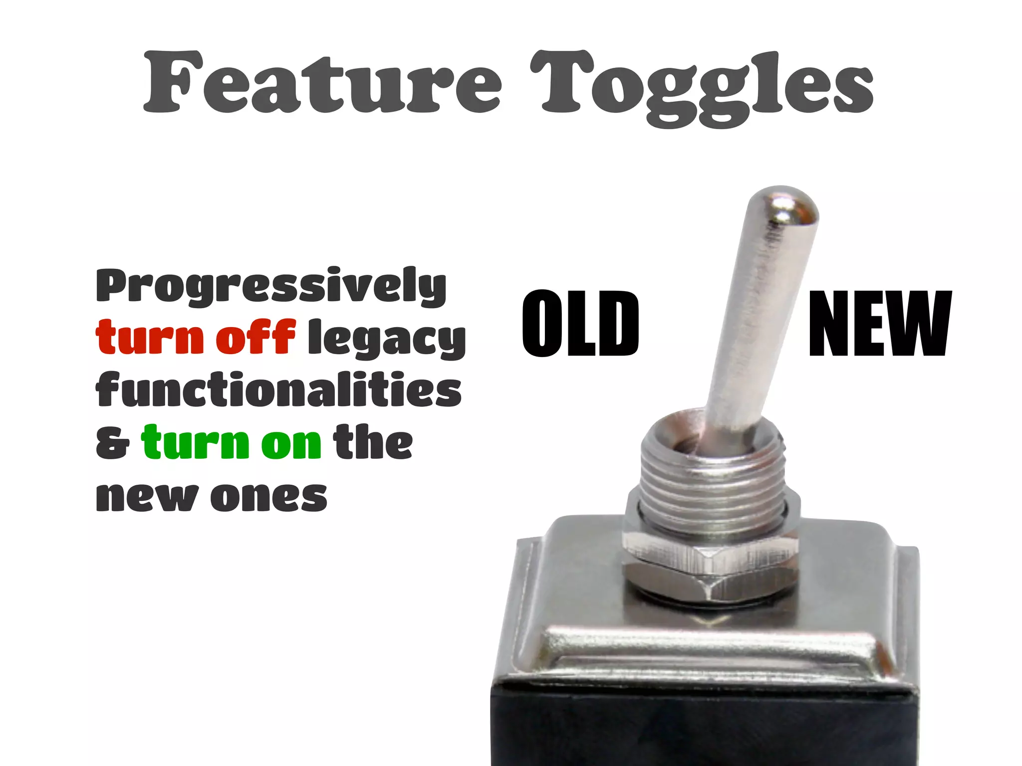 Feature Toggles 
! 
Progressively 
turn off legacy 
functionalities 
& turn on the 
new ones 
OLD NEW 
 