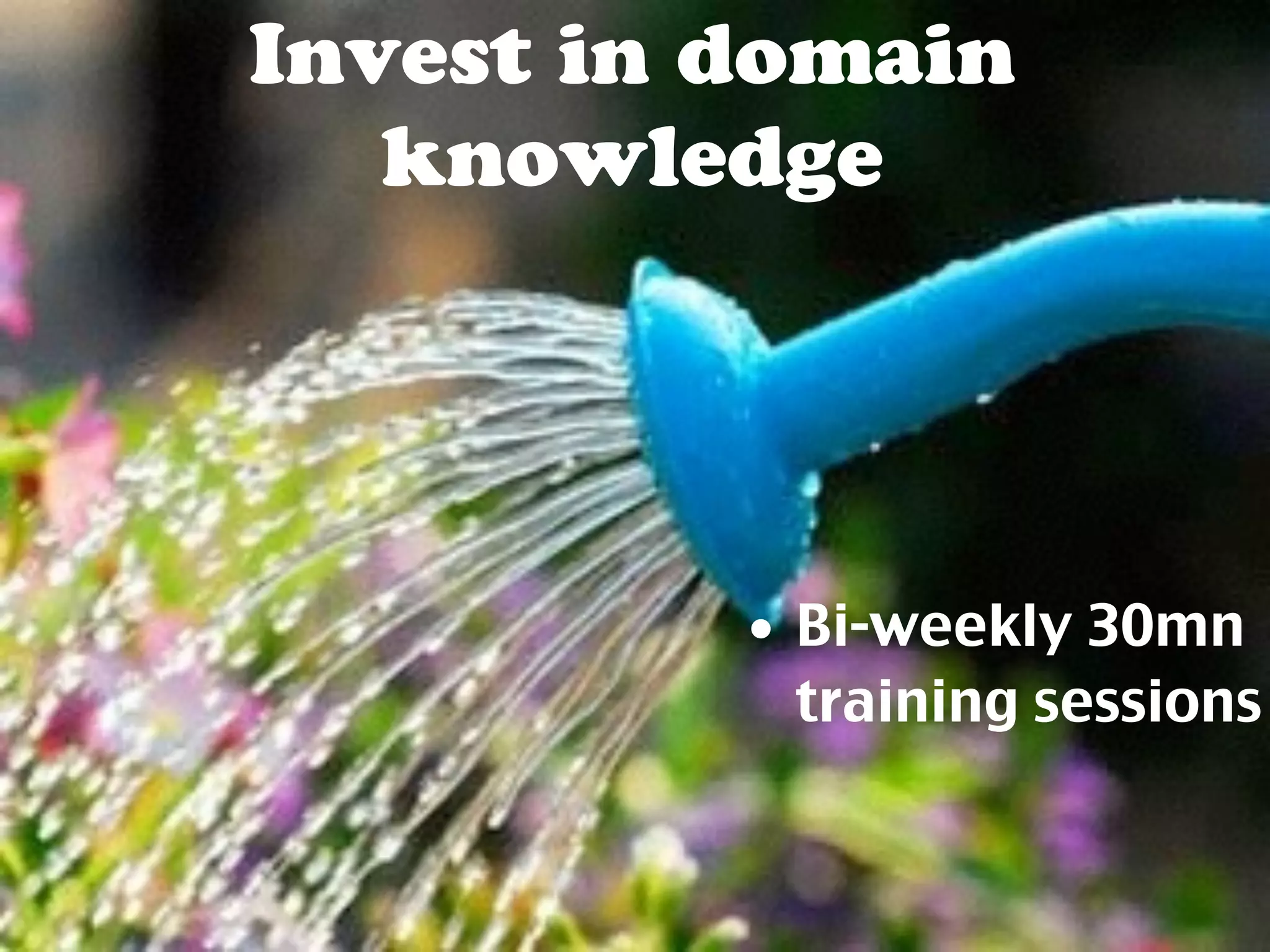 Invest in domain 
knowledge 
• Bi-weekly 30mn 
training sessions 
 