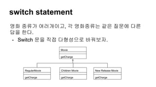 switch statement
영화 종류가 여러개이고, 각 영화종류는 같은 질문에 다른
답을 한다.
- Switch 문을 직접 다형성으로 바꿔보자.
Movie
getCharge
getCharge
RegularMovie Children Movie
getCharge
New Release Movie
getCharge
 