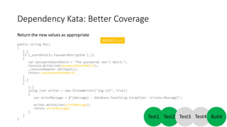 Dependency Kata: Better Abstraction
Abstract Console completely by adding the following code:
• Add a new IConsoleAdapter ...