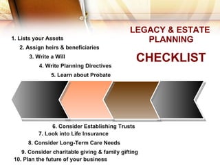 3. Write a Will 1. Lists your Assets 4. Write Planning Directives 2. Assign heirs & beneficiaries 5. Learn about Probate 6. Consider Establishing Trusts 7. Look into Life Insurance 8. Consider Long-Term Care Needs 9. Consider charitable giving & family gifting 10. Plan the future of your business CHECKLIST LEGACY & ESTATE  PLANNING 