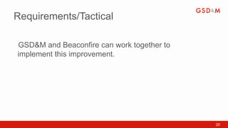 Requirements/Tactical

GSD&M and Beaconfire can work together to
•



implement this improvement.




                                            20
 