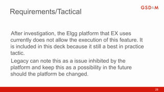 Requirements/Tactical

After investigation, the Elgg platform that EX uses
•



currently does not allow the execution of this feature. It
is included in this deck because it still a best in practice
tactic.
Legacy can note this as a issue inhibited by the
•



platform and keep this as a possibility in the future
should the platform be changed.

                                                               28
 