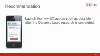 Recommendation

        Launch the new EX app as soon as possible
        after the Dynamic Logic research is completed.




                                                     30
 