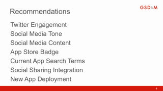 Recommendations
•   Twitter Engagement
•   Social Media Tone
•   Social Media Content
•   App Store Badge
•   Current App Search Terms
•   Social Sharing Integration
•   New App Deployment
                                 4
 