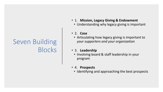 Seven Building
Blocks
• 1. Mission, Legacy Giving & Endowment
• Understanding why legacy giving is important
• 2. Case
• Articulating how legacy giving is important to
your supporters and your organization
• 3. Leadership
• Involving board & staff leadership in your
program
• 4. Prospects
• Identifying and approaching the best prospects
 