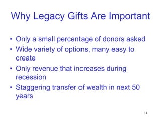 Why Legacy Gifts Are Important

• Only a small percentage of donors asked
• Wide variety of options, many easy to
  create
• Only revenue that increases during
  recession
• Staggering transfer of wealth in next 50
  years

                                         14
 