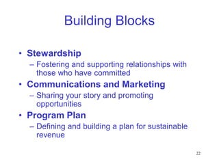 Building Blocks

• Stewardship
  – Fostering and supporting relationships with
    those who have committed
• Communications and Marketing
  – Sharing your story and promoting
    opportunities
• Program Plan
  – Defining and building a plan for sustainable
    revenue

                                                   22
 