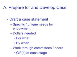 A. Prepare for and Develop Case

 • Draft a case statement
   – Specific / unique needs for
     endowment
   – Dollars needed
      • For what
      • By when
   – Work through committees / board
      • Gift(s) at each stage
 