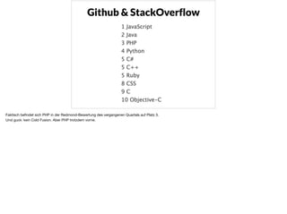 x
Github & StackOverflow
Faktisch beﬁndet sich PHP in der Redmond-Bewertung des vergangenen Quartals auf Platz 3.

Und guck: kein Cold Fusion. Aber PHP trotzdem vorne.

 