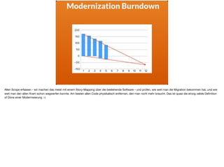 Modernization Burndown
Allen Scope erfassen - wir machen das meist mit einem Story-Mapping über die bestehende Software - und prüfen, wie weit man die Migration bekommen hat, und wie
weit man den alten Kram schon wegwerfen konnte. Am besten allen Code physikalisch entfernen, den man nicht mehr braucht. Das ist quasi die einzig valide Deﬁnition
of Done einer Modernisierung :-)
 