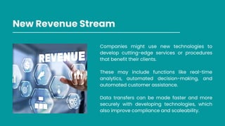 New Revenue Stream
Companies might use new technologies to
develop cutting-edge services or procedures
that benefit their clients.
These may include functions like real-time
analytics, automated decision-making, and
automated customer assistance.
Data transfers can be made faster and more
securely with developing technologies, which
also improve compliance and scaleability.
 