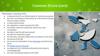 Common Errors (cont)
Receipts missing info:
● a statement that it is an official receipt for income tax purposes
● the name and address of the charity as on file with the Canada
Revenue Agency (CRA)
● a unique serial number
● the registration number issued by the CRA
● the location where the receipt was issued (city, town,
municipality)
● the date or year the gift was received
● the date the receipt was issued
● the full name, including middle initial, and address of the donor
● the amount of the gift
● the amount and description of any advantage received by the
donor
● the eligible amount of the gift
● the signature of an individual authorized by the charity to
acknowledge gifts
● the name and website address of the CRA
 