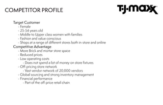 Target Customer
	 - Female
	 - 25-54 years old
	 - Middle to Upper class women with families
	 - Fashion and value conscious
	 - Shops at a range of different stores both in-store and online
Competitive Advantage
	 - More Brick and mortar store space
	 - Reduced prices
	 - Low operating costs
		 - Does not spend a lot of money on store fixtures
	 - Off-pricing store network
		 - Vast vendor network of 20,000 vendors
	 - Global sourcing and strong inventory management
	 - Financial performance
		 - Part of the off-price retail chain
COMPETITOR PROFILE
 