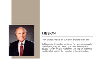 MISSION
“Kohl’s Associates live out our values each and every day”
Kohl’s puts customers first and take a “yes we can” approach
to everything they do. They support the community and
causes, act with integrity, treat others with respect, and make
decisions that support the reputation of the organization.
 