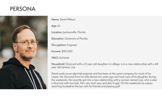 Name: David Wilson
Age: 61
Location: Jacksonville, Florida
Education: University of Florida
Occupation: Engineer
Income: $101,000
VALS: Achiever
Household: Divorced with a 21 year old daughter in college. Is in a new relationship with a 48
year old named, Lisa.
David works as an electrial enginner and has been at the same company for most of his
career. He divorced from his wife almost ten years ago and took care of his daughter during
the weekends. He recently got into a new relationship with a woman named Lisa, who is also
a divorcee with two kids. He’s very tech savy and also frugal. On the weekends he enjoys
watching football at the bar with his friends and playing golf.
PERSONA
 