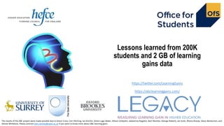 Lessons learned from 200K
students and 2 GB of learning
gains data
https://twitter.com/LearningGains
https://abclearninggains.com/
The results of the ABC project were made possible due to Simon Cross, Ceri Hitching, Ian Kinchin, Simon Lygo-Baker, Allison Littlejohn, Jekaterina Rogaten, Bart Rienties, George Roberts, Ian Scott, Rhona Sharpe, Steve Warburton, and
Denise Whitelock. Please contract bart.rienties@open.ac.uk if you want to know more about ABC learning gains
 