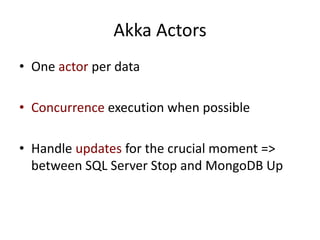 Akka Actors
• One actor per data
• Concurrence execution when possible
• Handle updates for the crucial moment =>
between SQL Server Stop and MongoDB Up
 