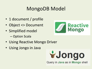 MongoDB Model
• 1 document / profile
• Object <> Document
• Simplified model
– Option Scala
• Using Reactive Mongo Driver
• Using Jongo in Java
 