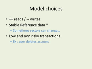 Model choices
• ++ reads / -- writes
• Stable Reference data *
– Sometimes sectors can change…
• Low and non risky transactions
– Ex : user deletes account
 
