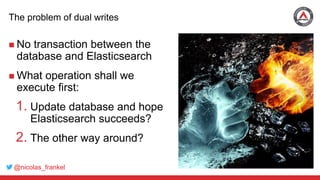 @nicolas_frankel
The problem of dual writes
 No transaction between the
database and Elasticsearch
 What operation shall we
execute first:
1. Update database and hope
Elasticsearch succeeds?
2. The other way around?
 