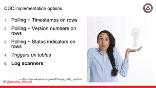 @nicolas_frankel
CDC implementation options
1. Polling + Timestamps on rows
2. Polling + Version numbers on
rows
3. Polling + Status indicators on
rows
4. Triggers on tables
5. Log scanners
-- https://en.wikipedia.org/wiki/Change_data_capture
 