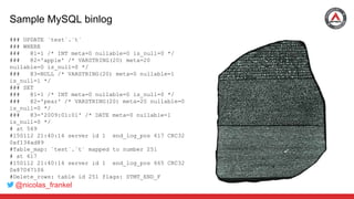 @nicolas_frankel
Sample MySQL binlog
### UPDATE `test`.`t`
### WHERE
### @1=1 /* INT meta=0 nullable=0 is_null=0 */
### @2='apple' /* VARSTRING(20) meta=20
nullable=0 is_null=0 */
### @3=NULL /* VARSTRING(20) meta=0 nullable=1
is_null=1 */
### SET
### @1=1 /* INT meta=0 nullable=0 is_null=0 */
### @2='pear' /* VARSTRING(20) meta=20 nullable=0
is_null=0 */
### @3='2009:01:01' /* DATE meta=0 nullable=1
is_null=0 */
# at 569
#150112 21:40:14 server id 1 end_log_pos 617 CRC32
0xf134ad89
#Table_map: `test`.`t` mapped to number 251
# at 617
#150112 21:40:14 server id 1 end_log_pos 665 CRC32
0x87047106
#Delete_rows: table id 251 flags: STMT_END_F
 