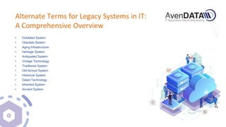 Alternate Terms for Legacy Systems in IT:
A Comprehensive Overview
• Outdated System
• Obsolete System
• Aging Infrastructure
• Heritage System
• Antiquated System
• Vintage Technology
• Traditional System
• Old-School System
• Historical System
• Dated Technology
• Inherited System
• Ancient System
 