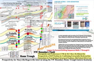 1,600,000 ACRES – CHK ADVANTAGE
ROME TROUGH
• Multi-zone stacked potential
˃ ~1 to 4.5 bboe recoverable in
single zone
• 1.4mm acres HBP/minerals
˃ Two vertical core wells drilled
• Competitors de-risking around
CHK HBP position
• Access to Gulf Coast markets
2016 ANALYST DAY – EXPLORATION 5
Oil-prone source rock and stacked reservoirs
Target A Target B
Oil-saturated
reservoir
Target B
Hydrocarbon
fluorescence
65% of acreage
In liquids window
IEP
Target B is definitely a sandstone, if I had to guess,
probably a sand in the Maryville similar to the pay in
the Inland White well.
Target A is definitely the Rogersville.
CHK SS Core
Depth Range
Rogersville Core
Most Likely From
Below Shows
Stacked Pays Total Nearly 1000' of Strata (945' in Maryville/Rogersville Alone)
TOC
White
Dod
Wood Ritchie
Wirt
Gilmer
Jackson Calhoun
Mason
Roane
Brax
Putnam
Clay
Kanawha
Cabell
Nicholas
Wayne
Lincoln
Fayette
Boone
Logan
Raleigh
Mingo
Summers
Wyoming
Mercer
Mcdowell
Buchanan
G
TazewellDickenson Bland
Pu
Wise
Russell Wythe
Smyth
Norton City
Car
Washington
Lee
Scott
Grayson
Galax City
Bristol City
Sullivan
Johnson
Claiborne
Hancock
HawkinsCampbell
Carter
Washington
Union
Grainger
Greene
Hamblen
son
VintonHighland
Clermont
Brown
Jackson
Meigs
Pike
Adams
Gallia
Scioto
Lawrence
Ashe
Alleghany
Wilkes
Watauga
AveryMitchell
Bracken
Mason
Greenup
LewisRobertson
n
Fleming Boyd
Carter
Nicholas
Rowan
Bourbon
Bath
Lawrence
Elliott
Montgomery
Morgan
Clark
Menifee
Johnson
Martin
Powell
n
Magoffin
Wolfe
Estill
Floyd
Pike
Lee
Breathitt
Jackson
Owsley
Knott
Perry
ClayLaurel
Leslie Letcher
Knox
Harlan
Whitley
Bell
-3000
-3500
-4000
-4500
-5000
-5500
-6000
-6500
-7000
-7500
-8000
-8500
-9000
-9500
-10000
-10500
-11000
-11500
-12000
-12500
-13000
-13500
-14000
-14500
-15000
-15500
-16000
-16500
-17000
METERS
0 14,438 28,876 43,314
PETRA 7/1/2015 4:01:24 PM
Chesapeake and Predecessors CNR & IGC Have De-Risked the
Prospectivity of IEP Position by Confirming Extractable Hydrocarbon
Saturations in Non-Optimal Structural Positions, Old School Oil & Gas.
Not Actual Photo
9.5 MILES
9.5 miles
Overlay Modified from Page 27:
Structural Control of the Point Pleasant Formation Deposition and Production*
Devin R. Fitzgerald1, M. Wes Casto2, and Robert B. Thomas, Sr.3
Search and Discovery Article #51434 (2017)* *Posted October 23, 2017
*Adapted from oral presentation given at AAPG 2017 Eastern Section 46th Annual Meeting, Morgantown, West Virginia, September 24-27, 2017
**Datapages © 2017 Serial rights given by author. For all other rights contact author directly.
1EMF Geoscience, Inc., Marietta, Ohio
2Casto Petroleum Engineering, Marietta, Ohio
3EMF Geoscience, Inc., Marietta, Ohio
Here is how they drill
them out west.
8 9 6 1
45
7
2
3
Legacy To Current Drilling Sequence Wells 1 Through 9
 