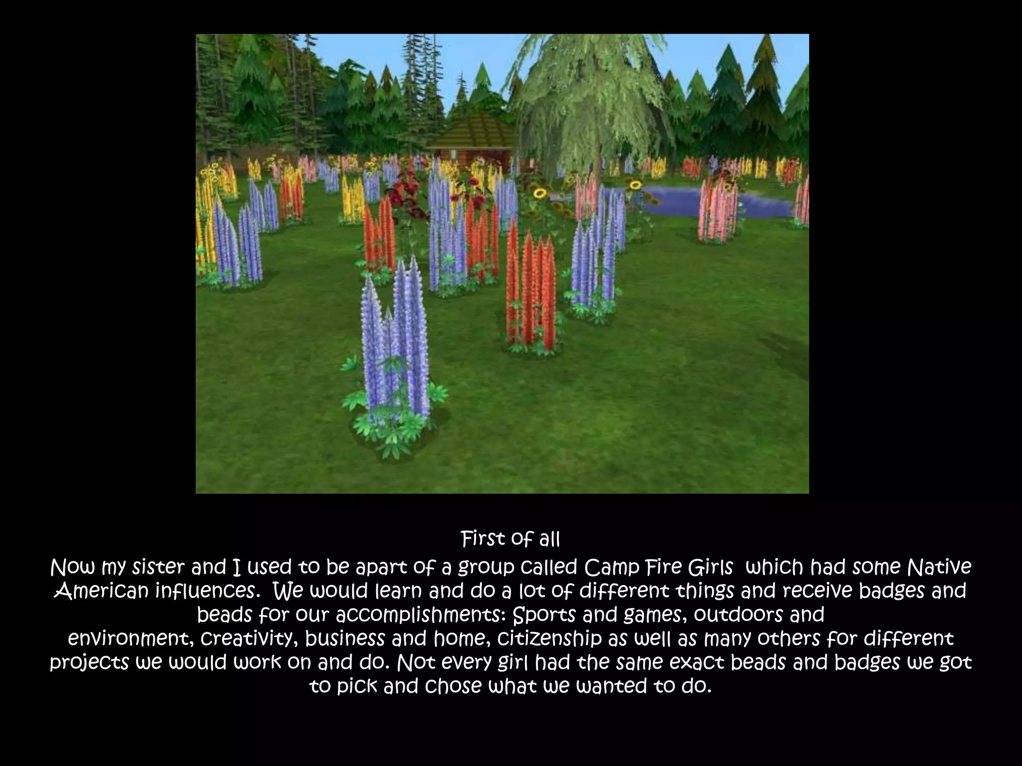 First of allNow my sister and I used to be apart of a group called Camp Fire Girls  which had some Native American influences.  We would learn and do a lot of different things and receive badges and beads for our accomplishments: Sports and games, outdoors and environment, creativity, business and home, citizenship as well as many others for different projects we would work on and do. Not every girl had the same exact beads and badges we got to pick and chose what we wanted to do.