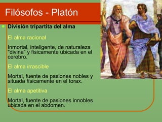 Filósofos - Platón División tripartita del alma  El alma racional Inmortal, inteligente, de naturaleza "divina" y fisicamente ubicada en el cerebro. El alma irrascible Mortal, fuente de pasiones nobles y situada físicamente en el torax. El alma apetitiva Mortal, fuente de pasiones innobles ubicada en el abdomen. 