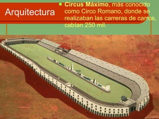 Arquitectura Circus Máximo , más conocido como Circo Romano, donde se realizaban las carreras de carros, cabían 250 mil.  