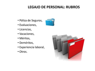 LEGAJO DE PERSONAL: RUBROS
• Póliza de Seguros,
• Evaluaciones,
• Licencias,
• Vacaciones,
• Méritos,
• Deméritos,
• Experiencia laboral,
• Otros.
 