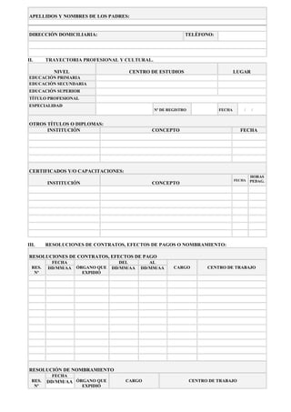 APELLIDOS Y NOMBRES DE LOS PADRES:


DIRECCIÓN DOMICILIARIA:                                      TELÈFONO:




II.      TRAYECTORIA PROFESIONAL Y CULTURAL.

           NIVEL                      CENTRO DE ESTUDIOS                           LUGAR
EDUCACIÓN PRIMARIA
EDUCACIÓN SECUNDARIA
EDUCACIÓN SUPERIOR
TÍTULO PROFESIONAL
ESPECIALIDAD
                                                Nº DE REGISTRO             FECHA       /   /


OTROS TÍTULOS O DIPLOMAS:
      INSTITUCIÓN                              CONCEPTO                              FECHA




CERTIFICADOS Y/O CAPACITACIONES:
                                                                                           HORAS
                                                                                   FECHA   PEDAG.
         INSTITUCIÓN                           CONCEPTO




III.     RESOLUCIONES DE CONTRATOS, EFECTOS DE PAGOS O NOMBRAMIENTO:

RESOLUCIONES DE CONTRATOS, EFECTOS DE PAGO
          FECHA                     DEL        AL
  RES.   DD/MM/AA   ÓRGANO QUE   DD/MM/AA   DD/MM/AA    CARGO          CENTRO DE TRABAJO
   Nº                 EXPIDIÓ




RESOLUCIÓN DE NOMBRAMIENTO
           FECHA
  RES.   DD/MM/AA ÓRGANO QUE         CARGO                       CENTRO DE TRABAJO
   Nº                  EXPIDIÓ
 