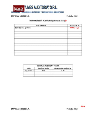 AUDITORES FINANCIEROS EXTERNOS Y CONSULTORES DE EMPRESA
EMPRESA: SOBOCE S.A. Periodo: 2012
DICTAMENES DE AUDITORIA (últimos 3 años) Ø
DESCRIPCION REFERENCIA
Solo de una gestión APM1 – 1/1
INICIALES RUBRICA Y FECHA
Año Auditor Sénior Gerente de Auditoria
28/06/2012 RVC AZH
APN
EMPRESA: SOBOCE S.A. Periodo: 2012
 
