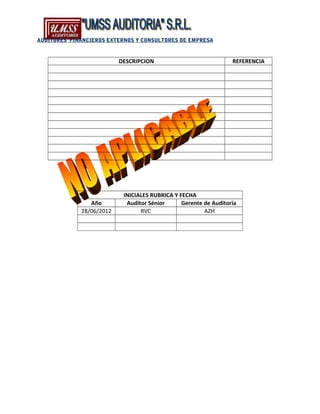 AUDITORES FINANCIEROS EXTERNOS Y CONSULTORES DE EMPRESA
DESCRIPCION REFERENCIA
INICIALES RUBRICA Y FECHA
Año Auditor Sénior Gerente de Auditoria
28/06/2012 RVC AZH
 