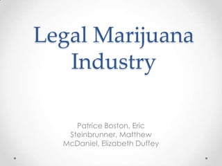 Legal Marijuana
Industry
Patrice Boston, Eric
Steinbrunner, Matthew
McDaniel, Elizabeth Duffey

 