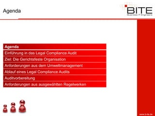 Agenda




Agenda
Einführung in das Legal Compliance Audit
Ziel: Die Gerichtsfeste Organisation
Anforderungen aus dem Umweltmanagement
Ablauf eines Legal Compliance Audits
Auditvorbereitung
Anforderungen aus ausgewählten Regelwerken




                                             www.b-ite.de
 