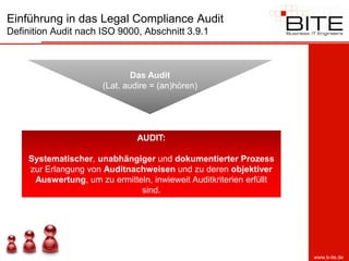 Einführung in das Legal Compliance Audit
Definition Audit nach ISO 9000, Abschnitt 3.9.1



                               Das Audit
                       (Lat. audire = (an)hören)




                                AUDIT:

     Systematischer, unabhängiger und dokumentierter Prozess
     zur Erlangung von Auditnachweisen und zu deren objektiver
      Auswertung, um zu ermitteln, inwieweit Auditkriterien erfüllt
                               sind.




                                                                      www.b-ite.de
 