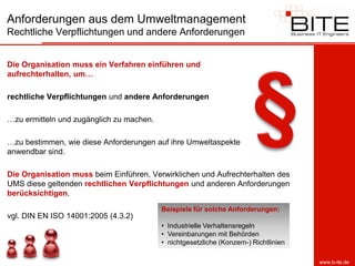 Anforderungen aus dem Umweltmanagement
Rechtliche Verpflichtungen und andere Anforderungen


Die Organisation muss ein Verfahren einführen und
aufrechterhalten, um…

rechtliche Verpflichtungen und andere Anforderungen

…zu ermitteln und zugänglich zu machen.

…zu bestimmen, wie diese Anforderungen auf ihre Umweltaspekte
anwendbar sind.

Die Organisation muss beim Einführen, Verwirklichen und Aufrechterhalten des
UMS diese geltenden rechtlichen Verpflichtungen und anderen Anforderungen
berücksichtigen.
                                          Beispiele für solche Anforderungen:
vgl. DIN EN ISO 14001:2005 (4.3.2)
                                          • Industrielle Verhaltensregeln
                                          • Vereinbarungen mit Behörden
                                          • nichtgesetzliche (Konzern-) Richtlinien

                                                                                      www.b-ite.de
 